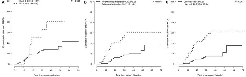 Kaplan-Meier curves showing the cumulative incidence of recurrence.